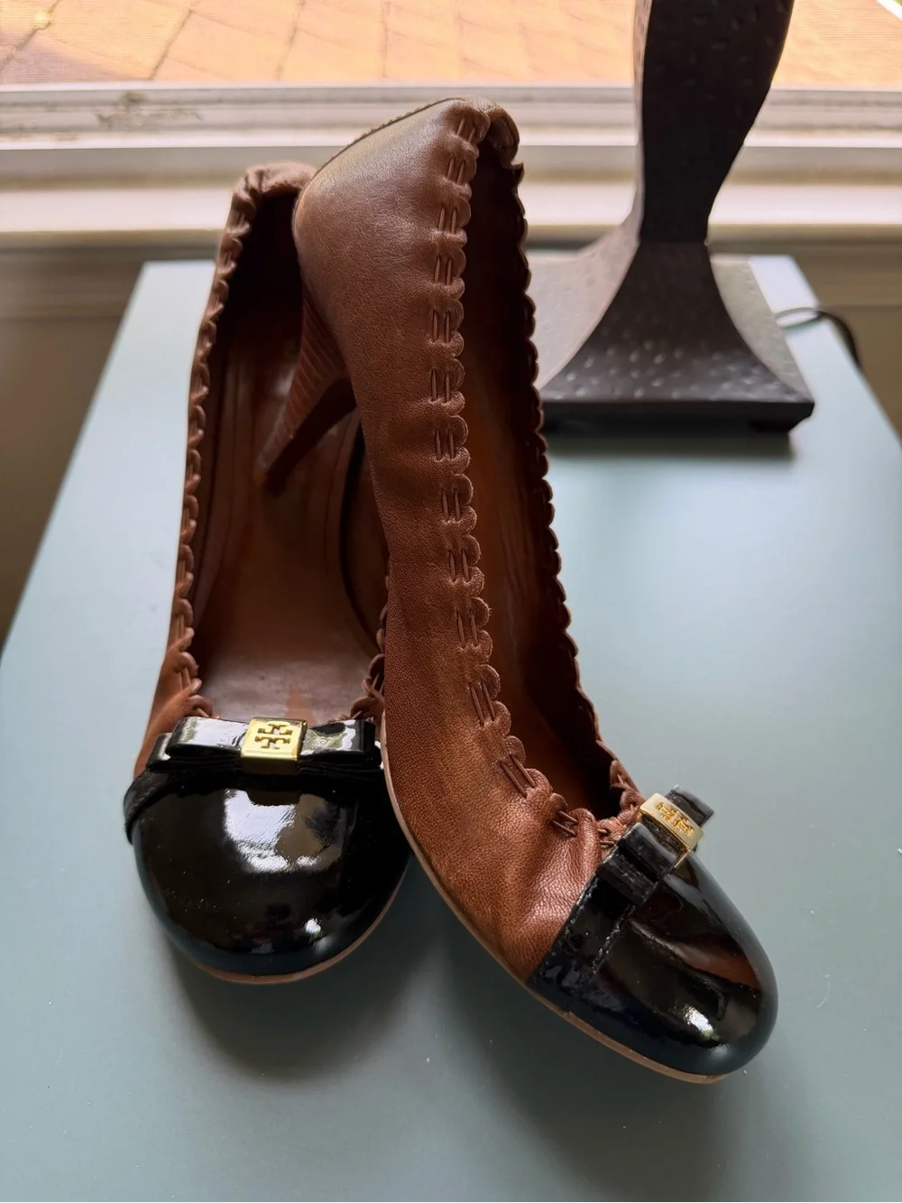 Tory Burch Brown Leather Heels with Black Patent Cap Toe